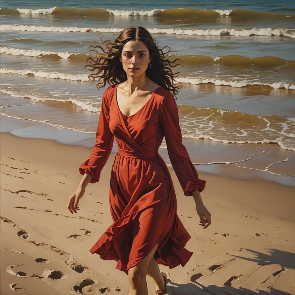 Italian Renaissance Woman in Red Dress on Beach