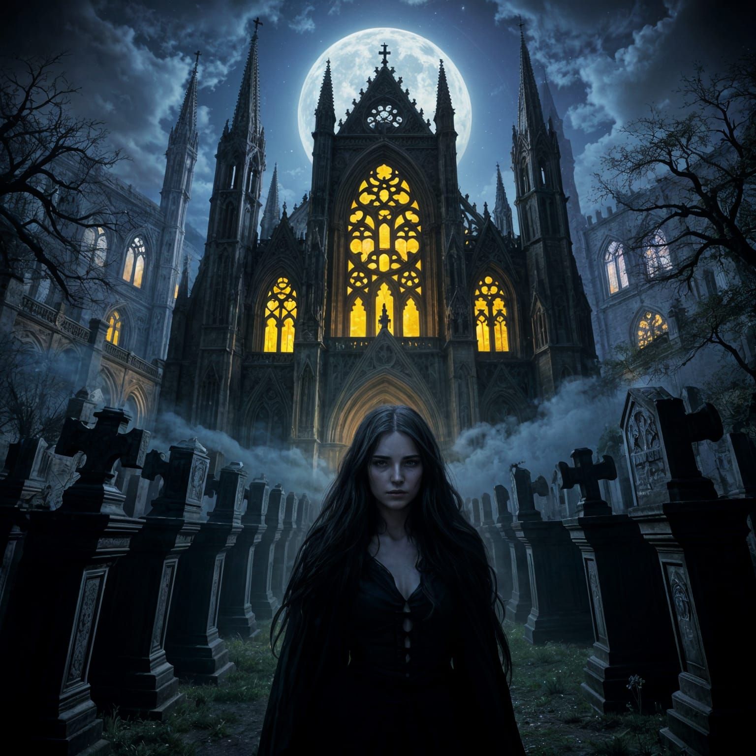 Gothic Cathedral Graveyard Scene in Dark Fantasy Style