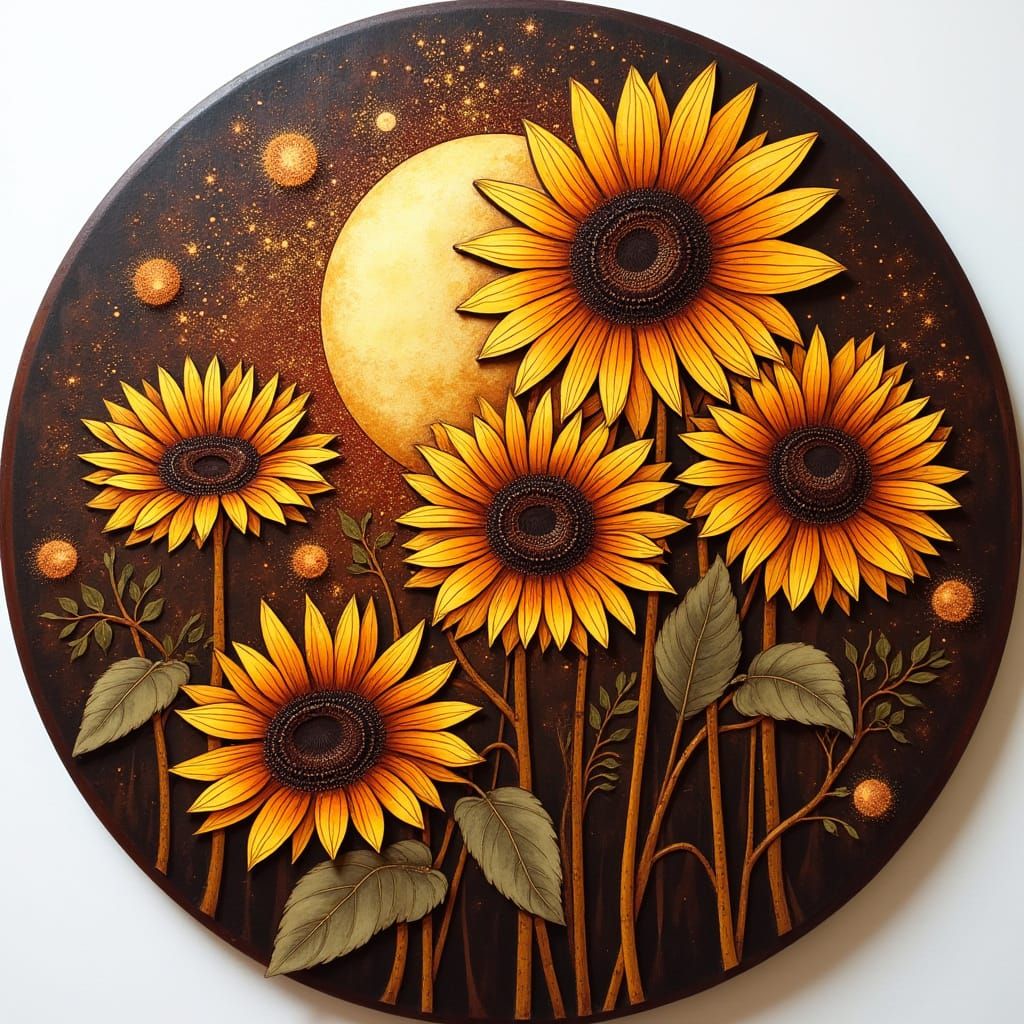 Pyrography Woodcut of Sunflowers on Circular Plaque