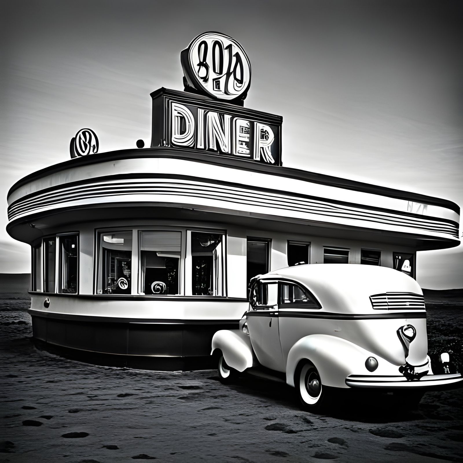 American Diner on Mars: Vintage Black and White Photo