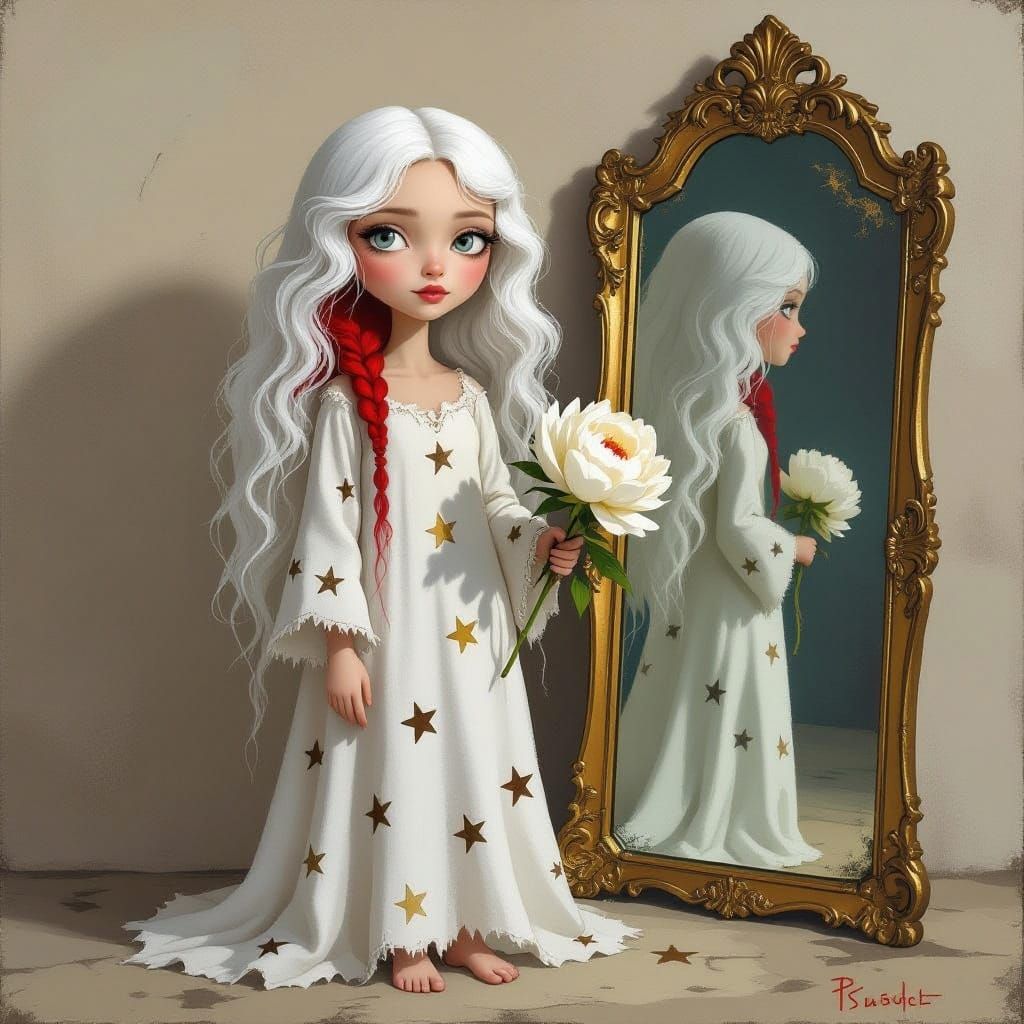 Naive Folk Art Portrait of a Young Woman with Red Hair Stran...