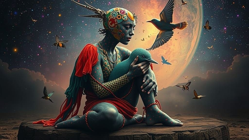 Mystical Shaman Sculptor in Surreal Spiral Oasis