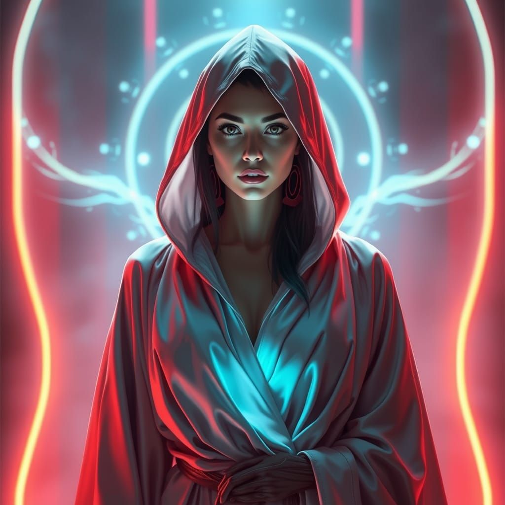 Mystical Woman in Robe with Cyberpunk Futuristic Design
