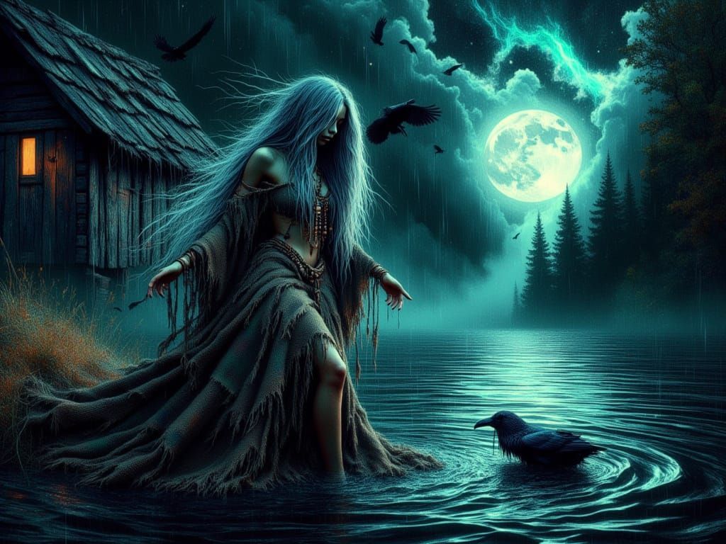 River Witch Performs Twilight Ritual by the River