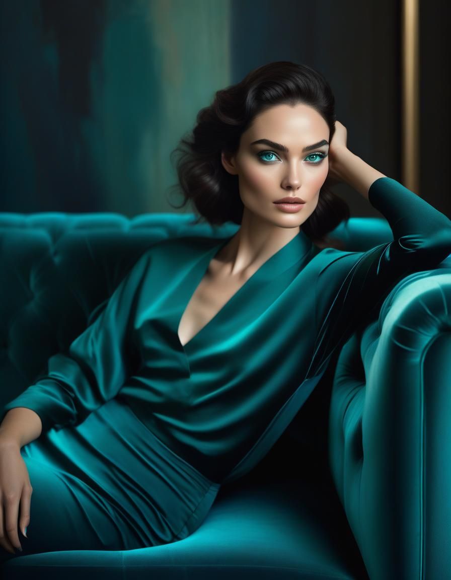 Elegant Woman with Teal Eyes, Modern Photography Style