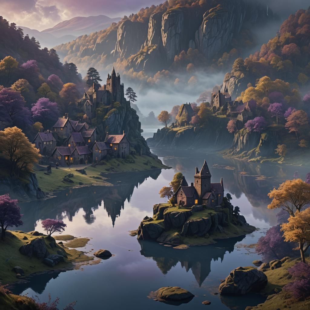 Eerie Village Landscape with Finger Rock Formation