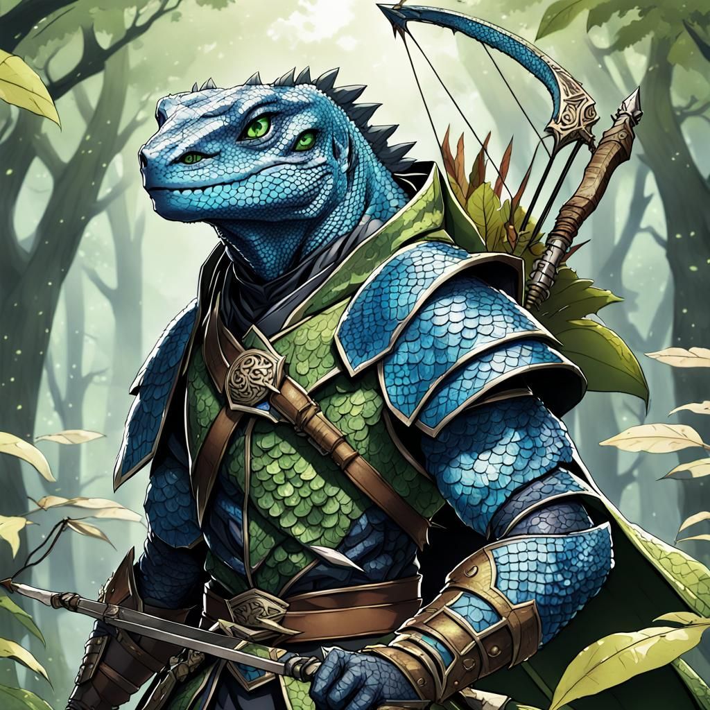 Lizardfolk Archer with Longbow in Anime Style