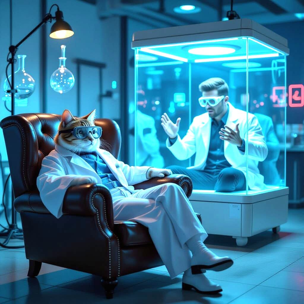 Humorous Cat Scientist and Frantic Man