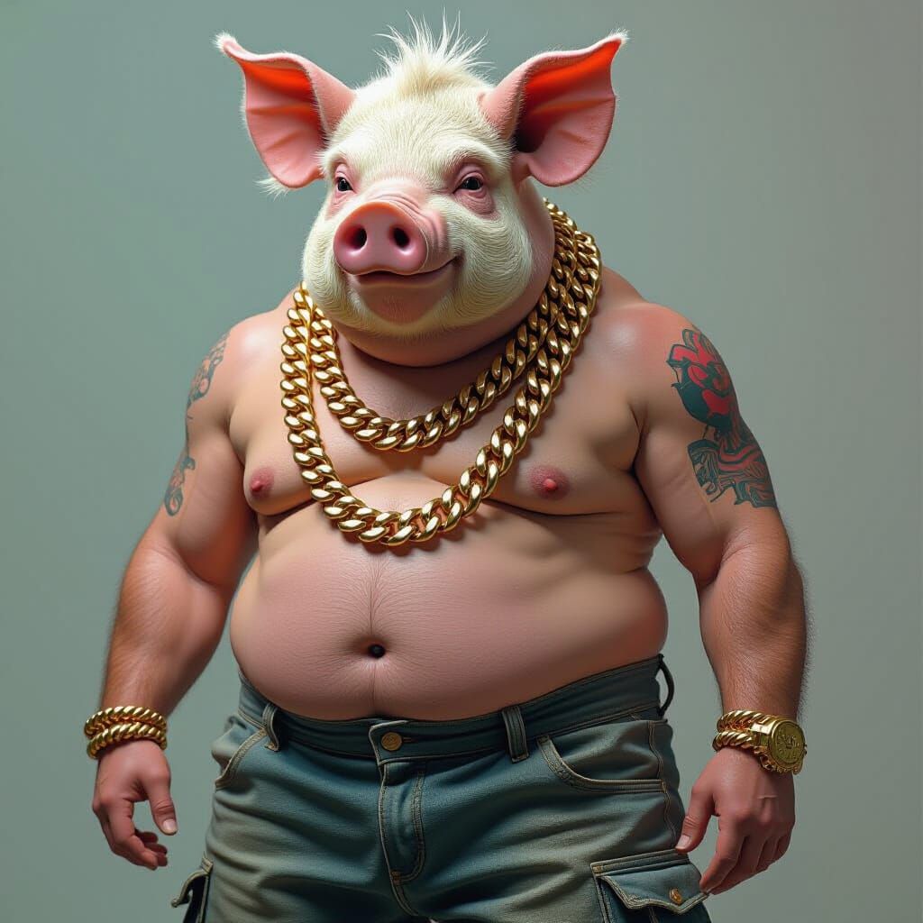 Photorealistic Pig-Headed Rapper in Gritty Style
