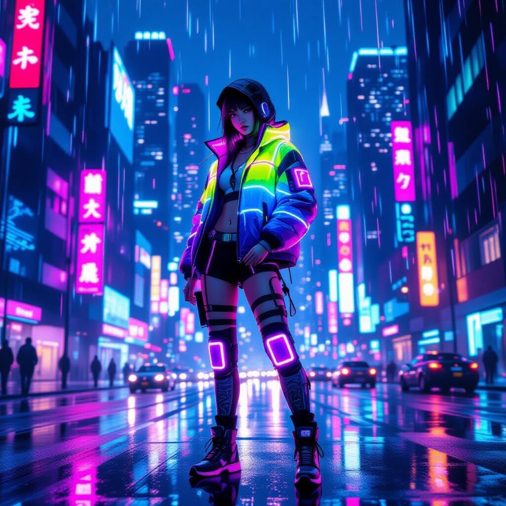 Cyber Girl in Rainy Neon City, Cyberpunk Art