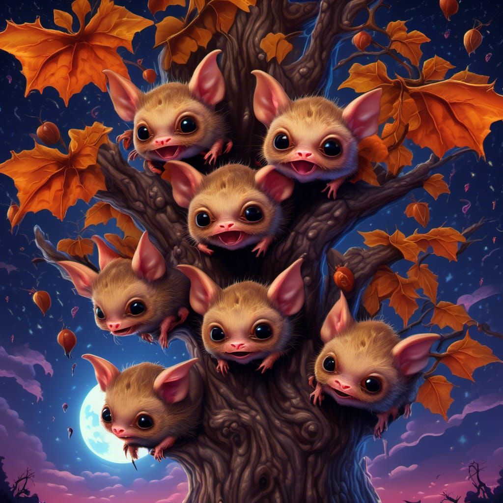 Chibi Vampire Bats Under Galaxy Sky, Art Nouveau