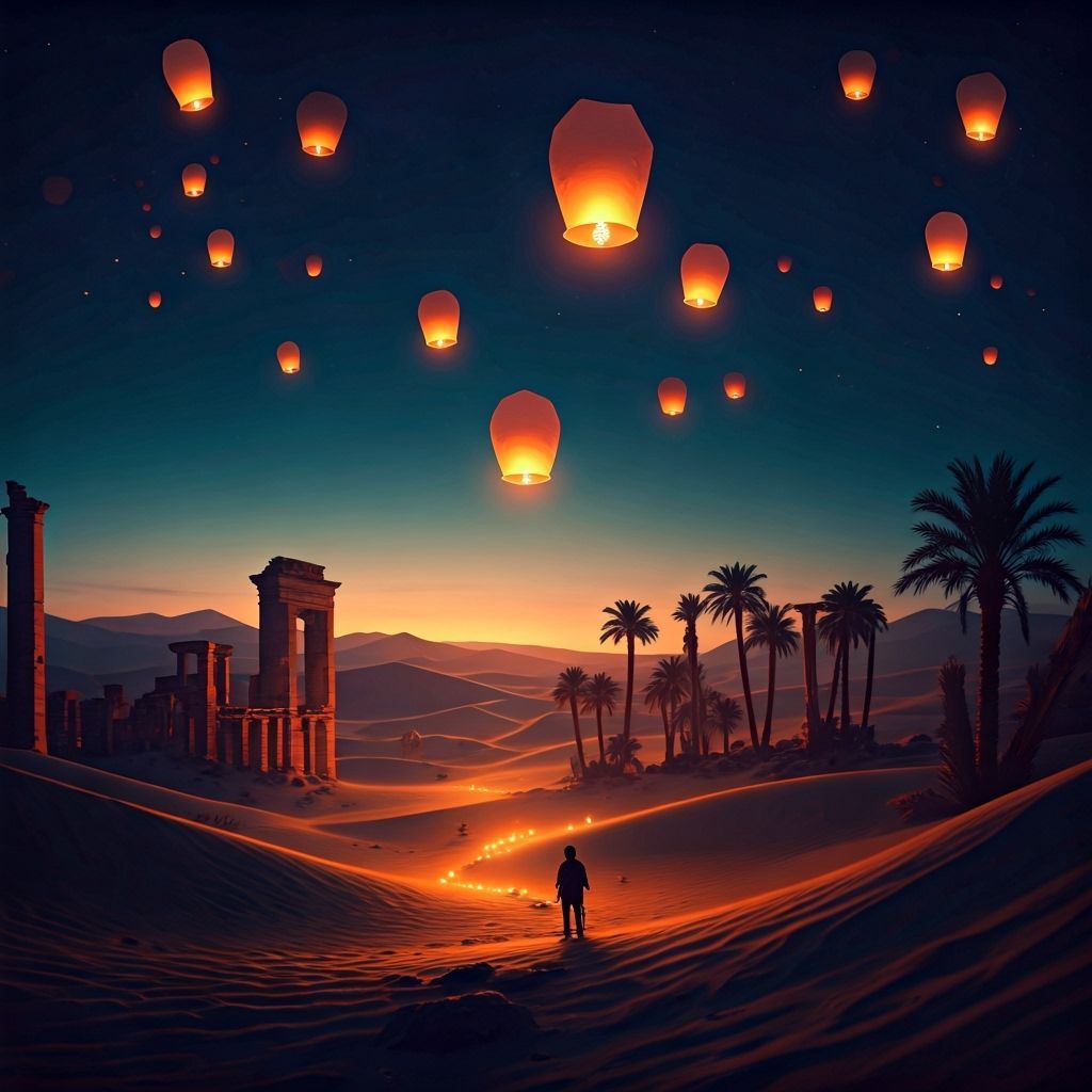 Thousands of glowing paper lanterns rising into the night sk...