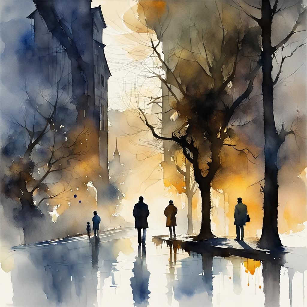 Brooding Urban Dreamscape in Watercolor Style