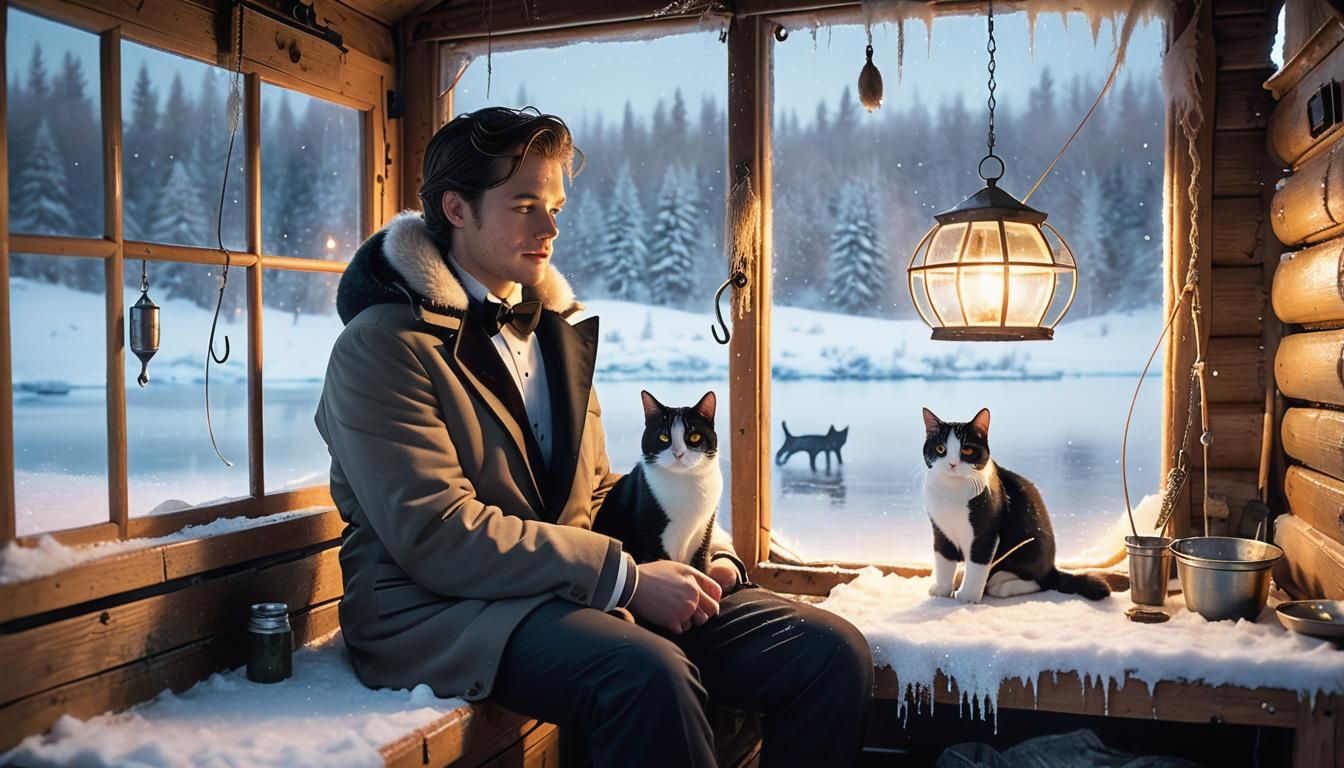 Cozy Winter Scene with Young Man and Tuxedo Cat