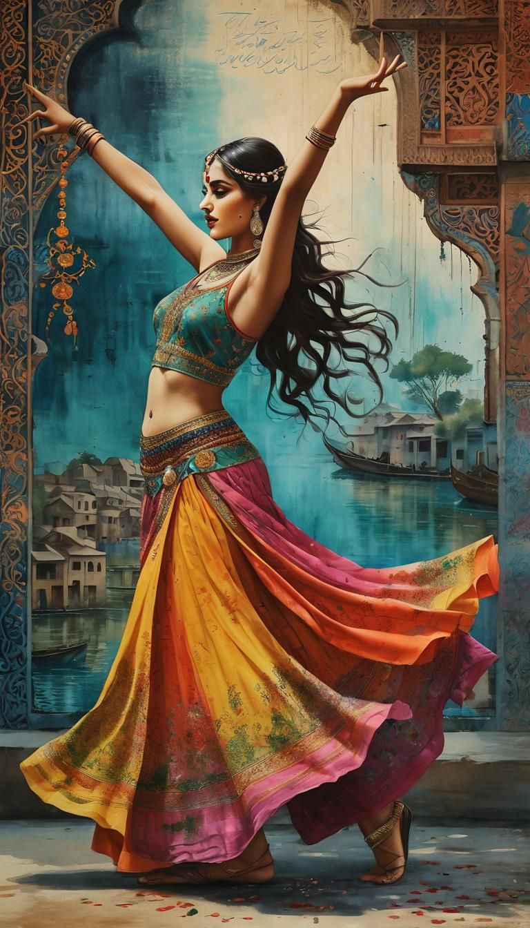 Ethereal Dancer and Village in Mughal Scroll Painting