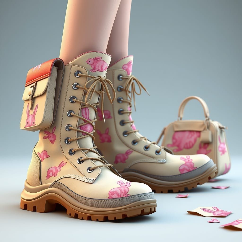 Anime-Style Trekking Boots with Rabbit Prints and Matching H...
