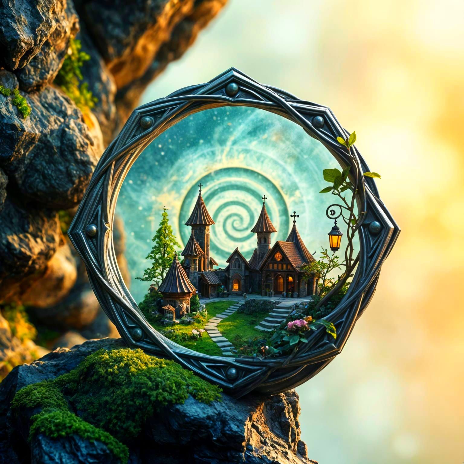Fairy Village Diorama in Silver Circle, Fantasy Art