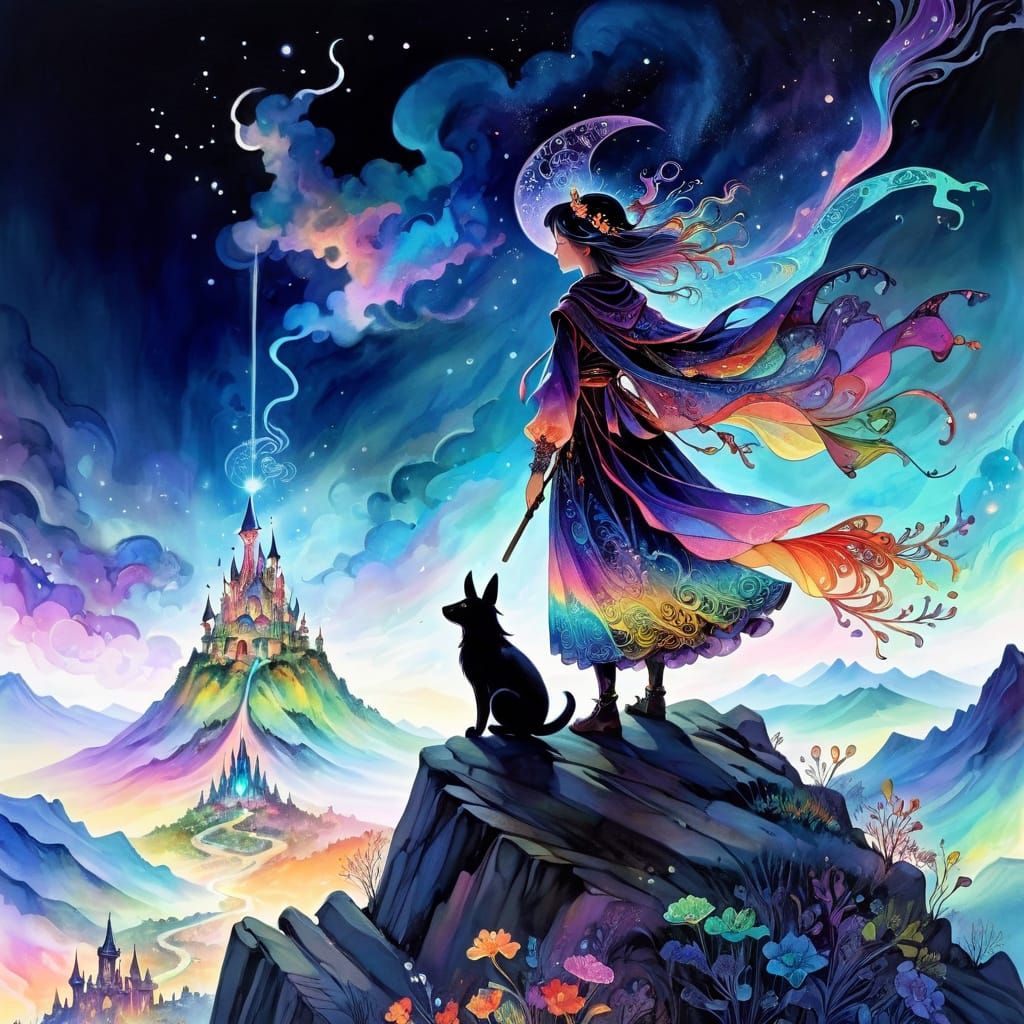 Mystical Witch Overlooking Magical City in Watercolor and In...