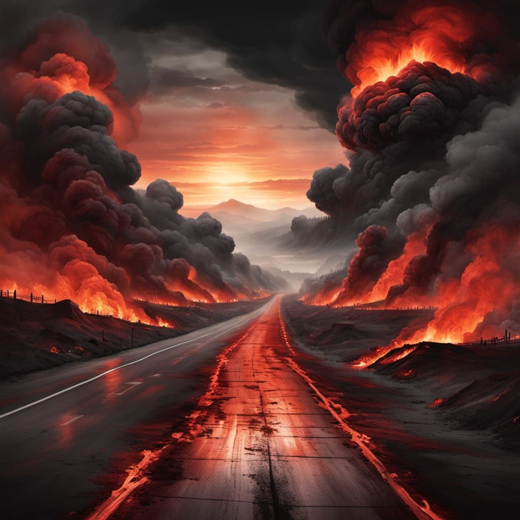 Hellish Red Nightmare Landscape with Distant Fires and Smoke