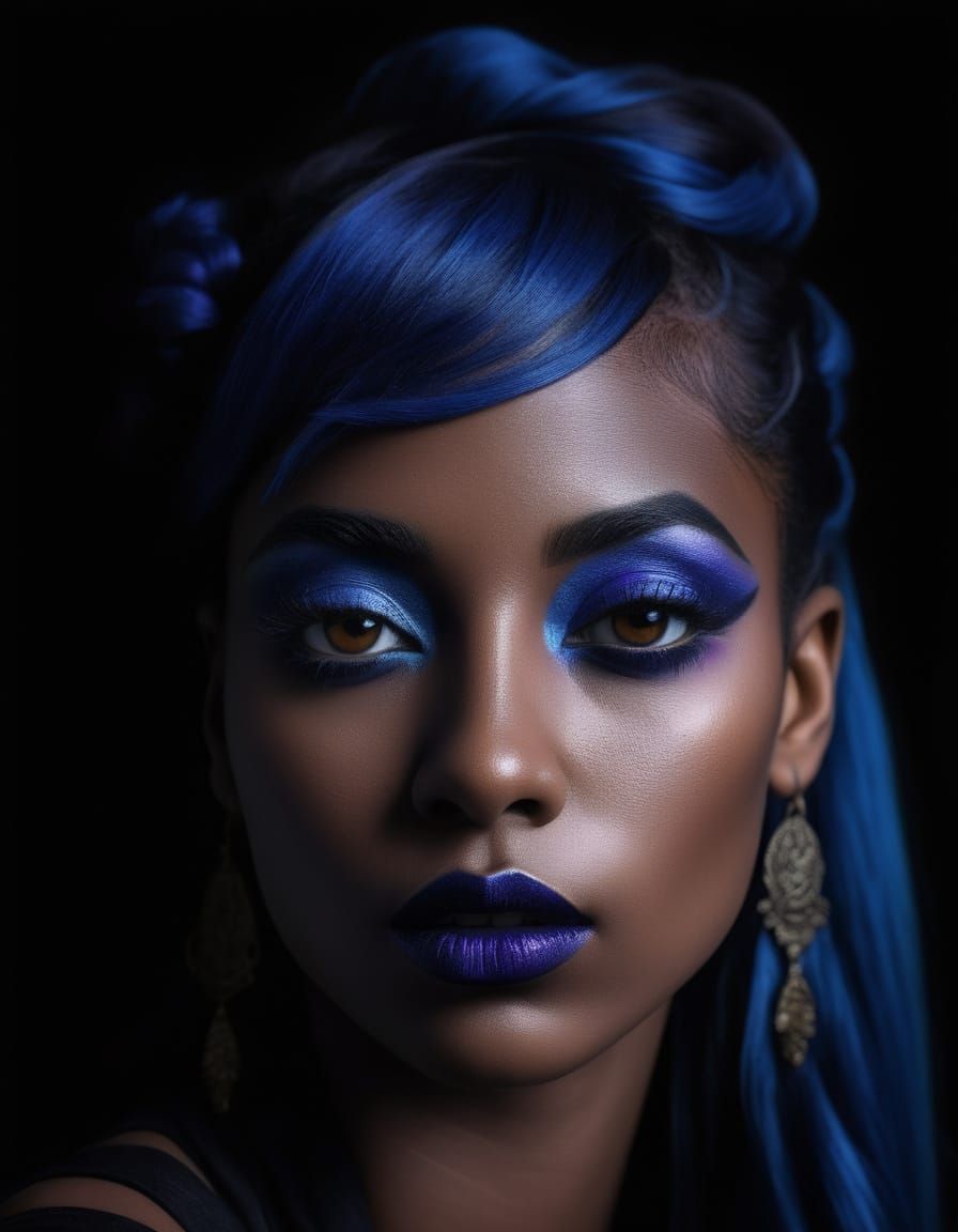 Stunning portrait of beautiful Gothic black woman with indigo blue hair and brown eyes with indigo blue eyeshadow with p...