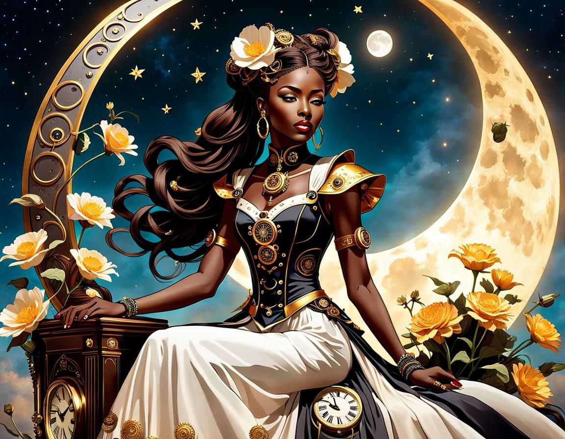 Steampunk Woman on Clockwork Moon with Flowers