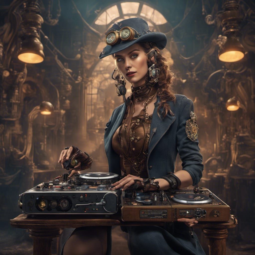 Steampunk Woman DJ Controller: Detailed Matte Painting