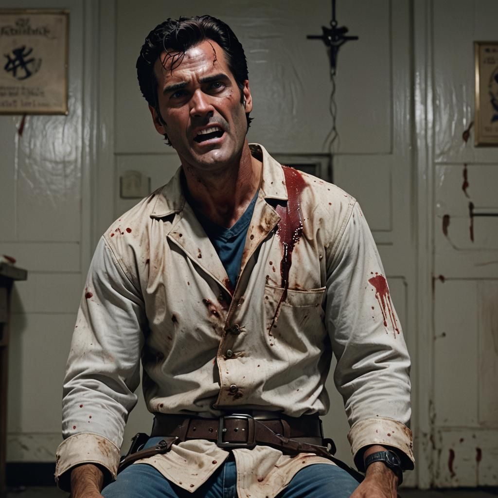 Terrified Ash Williams in Abandoned Asylum: 3D Render