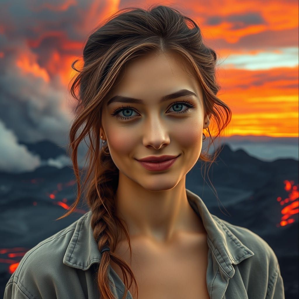 Serene Young Woman Amidst Turmoil in Warm, Romantic Light