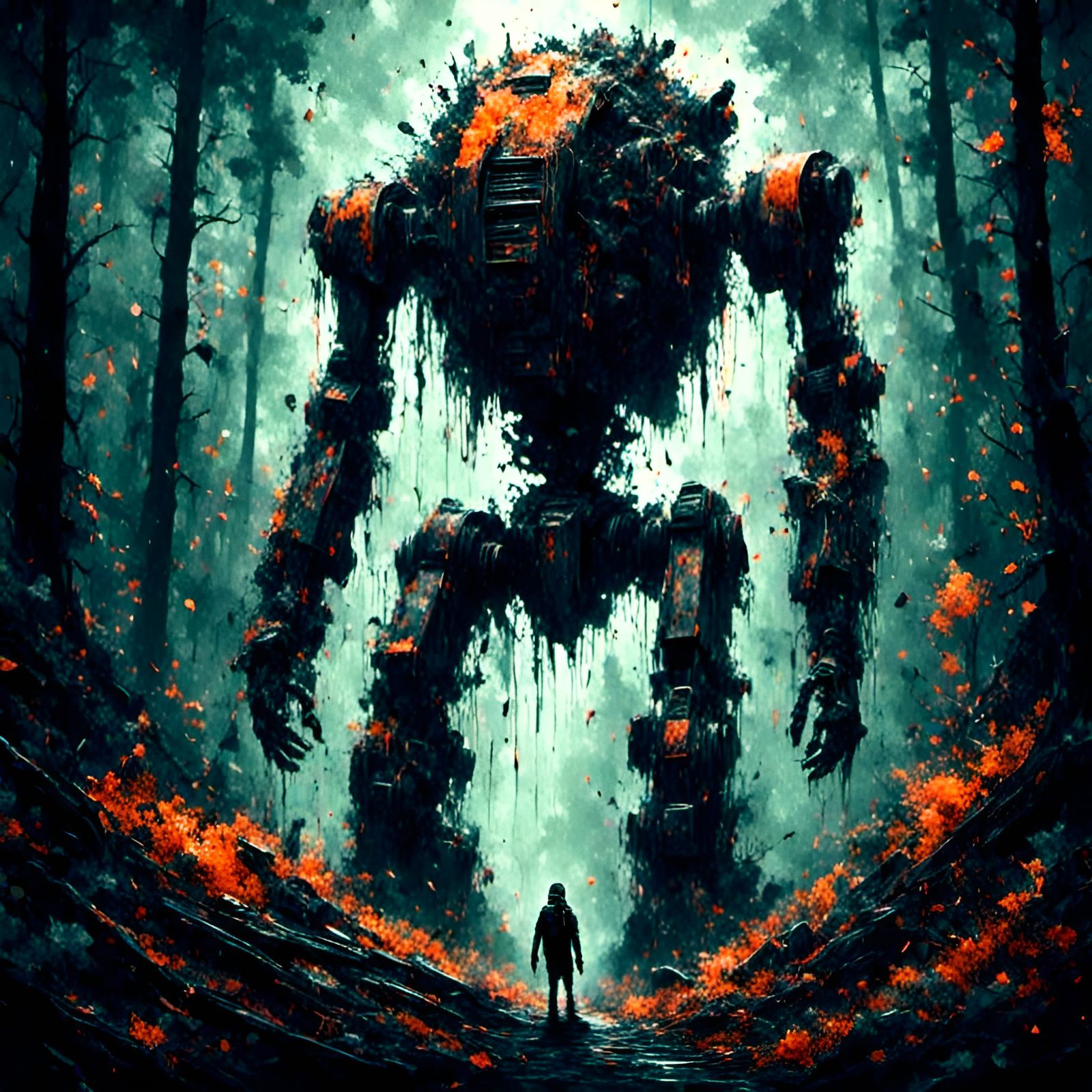 Gigantic Robot Overlooking Forest in Hypermaximalism Style