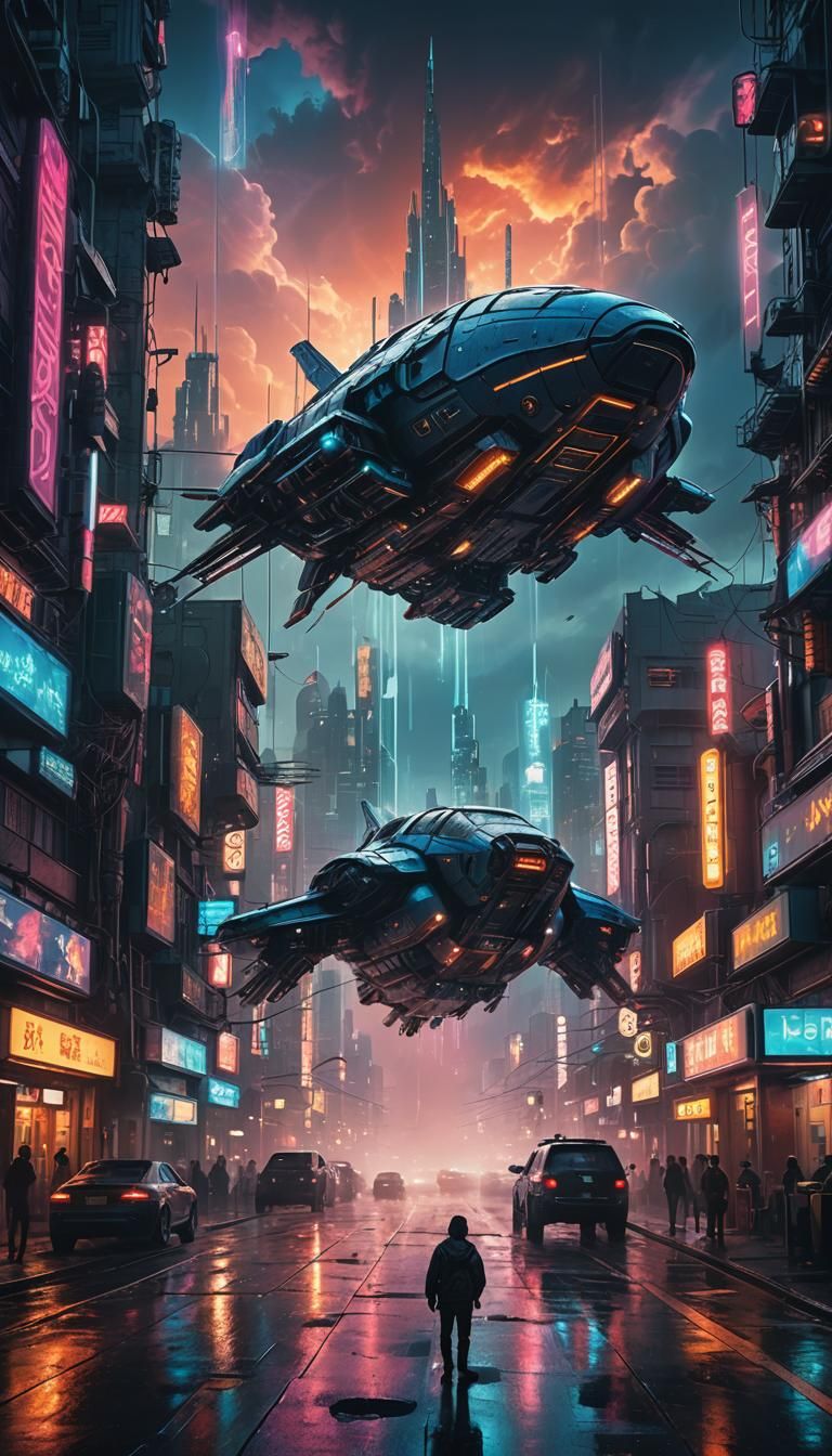 Cyberpunk Cityscape with Spaceship in Digital Painting Style