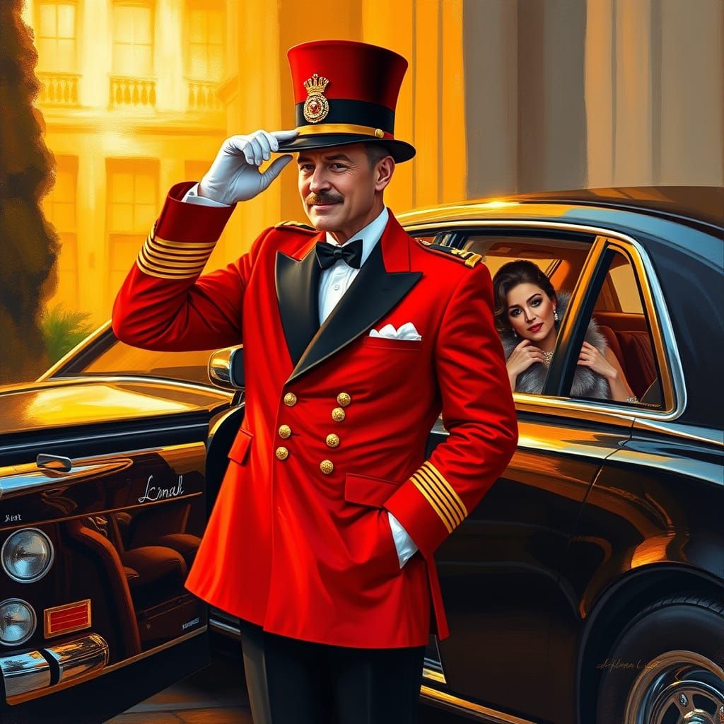 Dignified Doorman Tips Hat to Wealthy Guests in Luxury Setti...