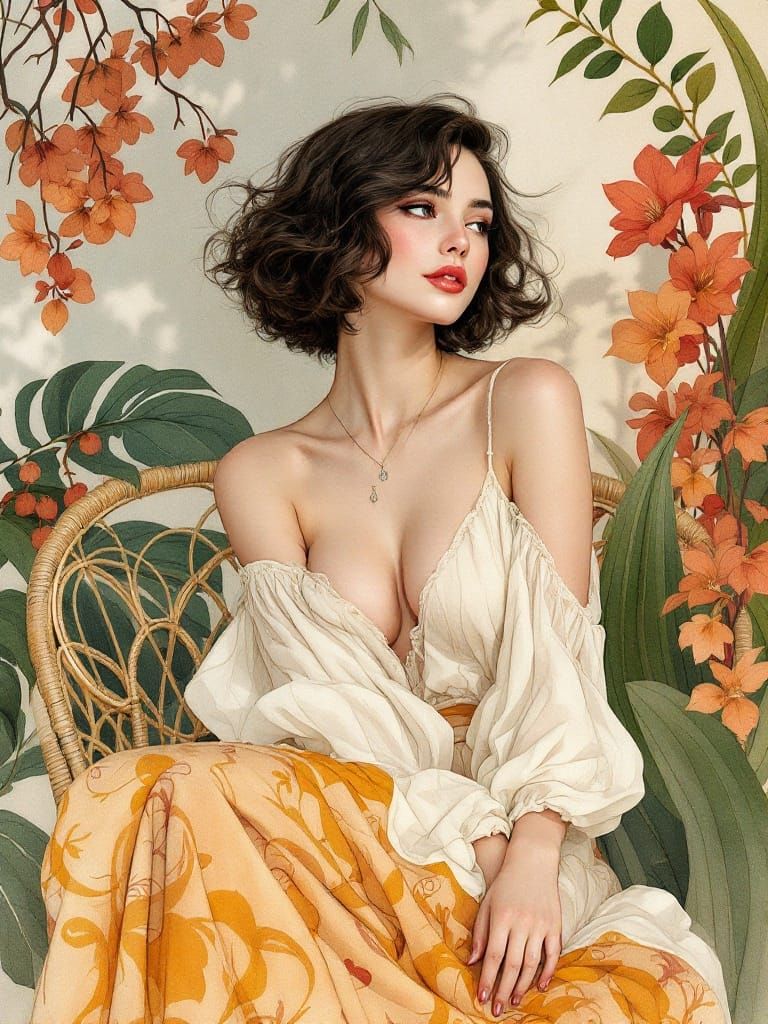 Enchanting Art Nouveau Woman Amidst Whispers of Nature