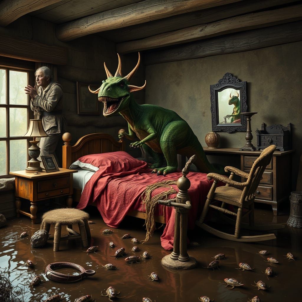 Dinosaur possessed by demons + exorcism + exorcist priest Dinosaur + Dinosaur made bedroom + wooden ancient bed + clay a...