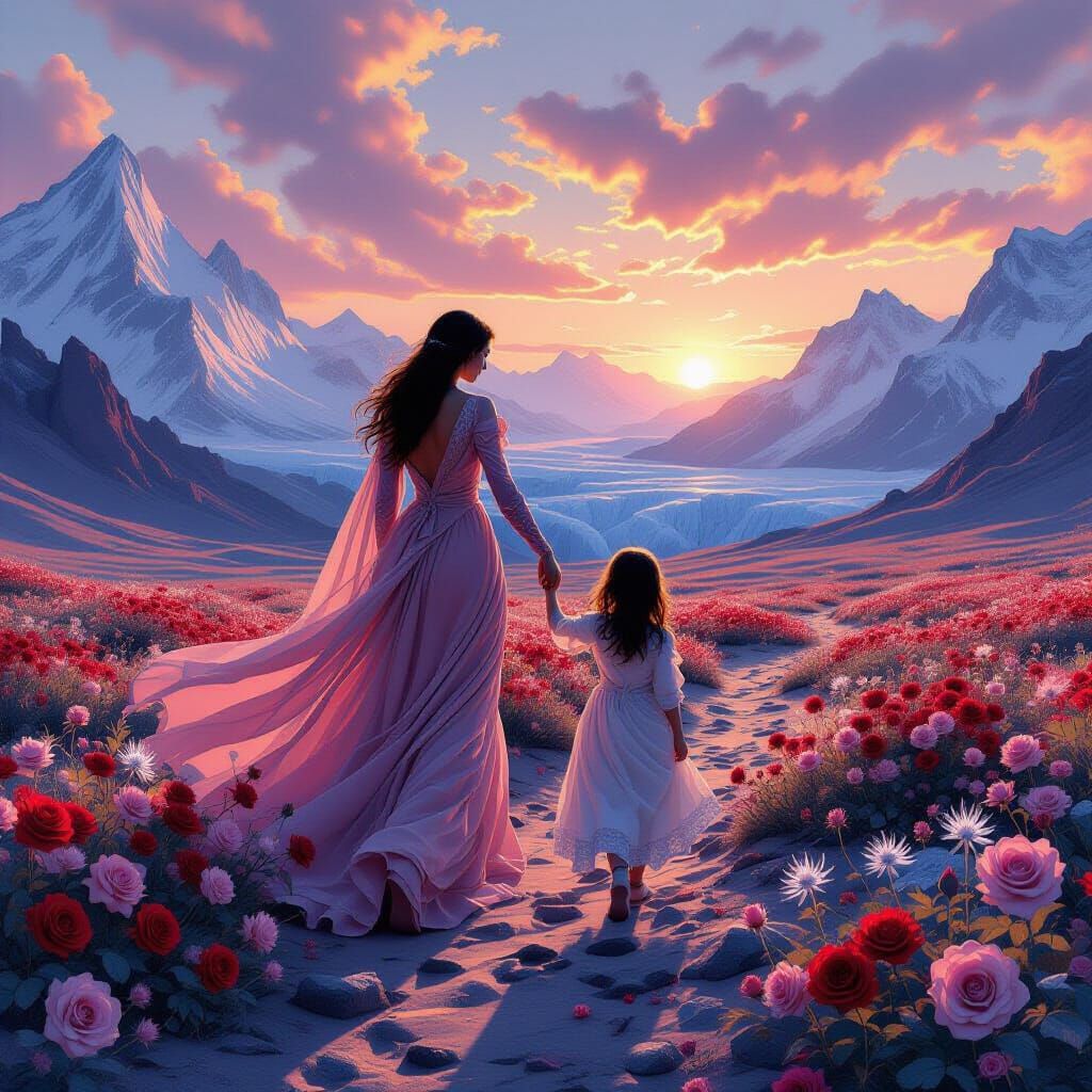 Mother and Daughter in Glacier-like Rose Garden