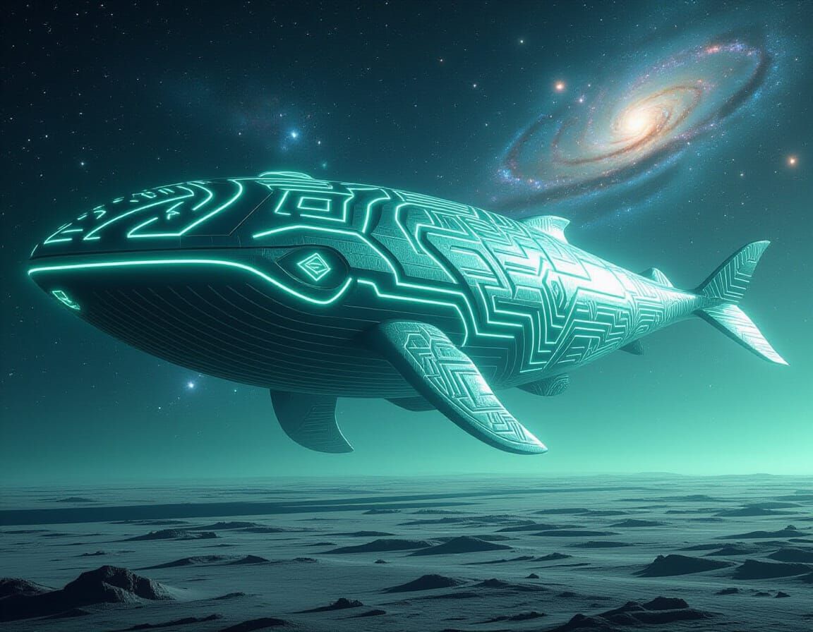 Colossal Chrome Spaceship Whale in Cosmic Void