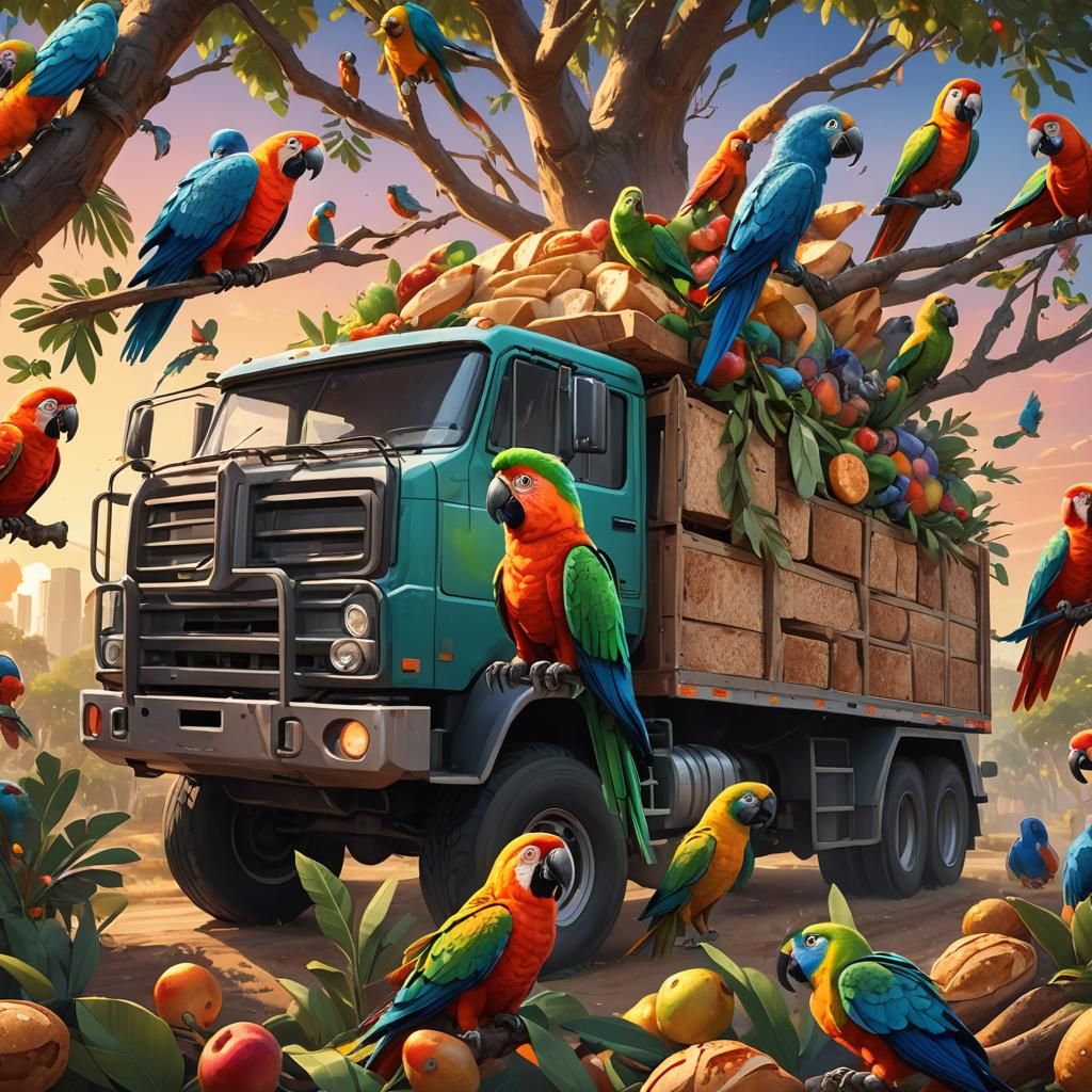 Truck with Parrot Screen: Cinematic Digital Illustration