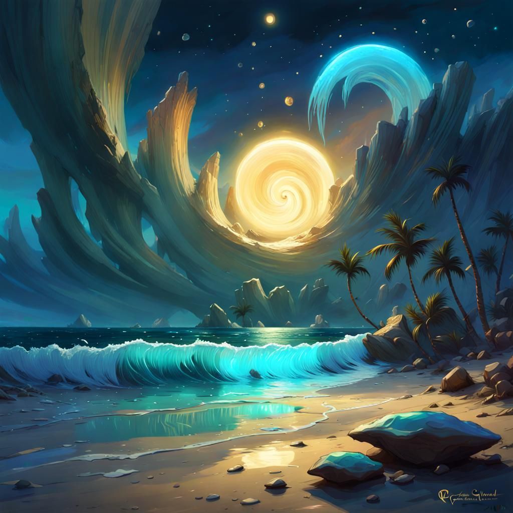 Bioluminescent Beach at Night in Digital Art Style
