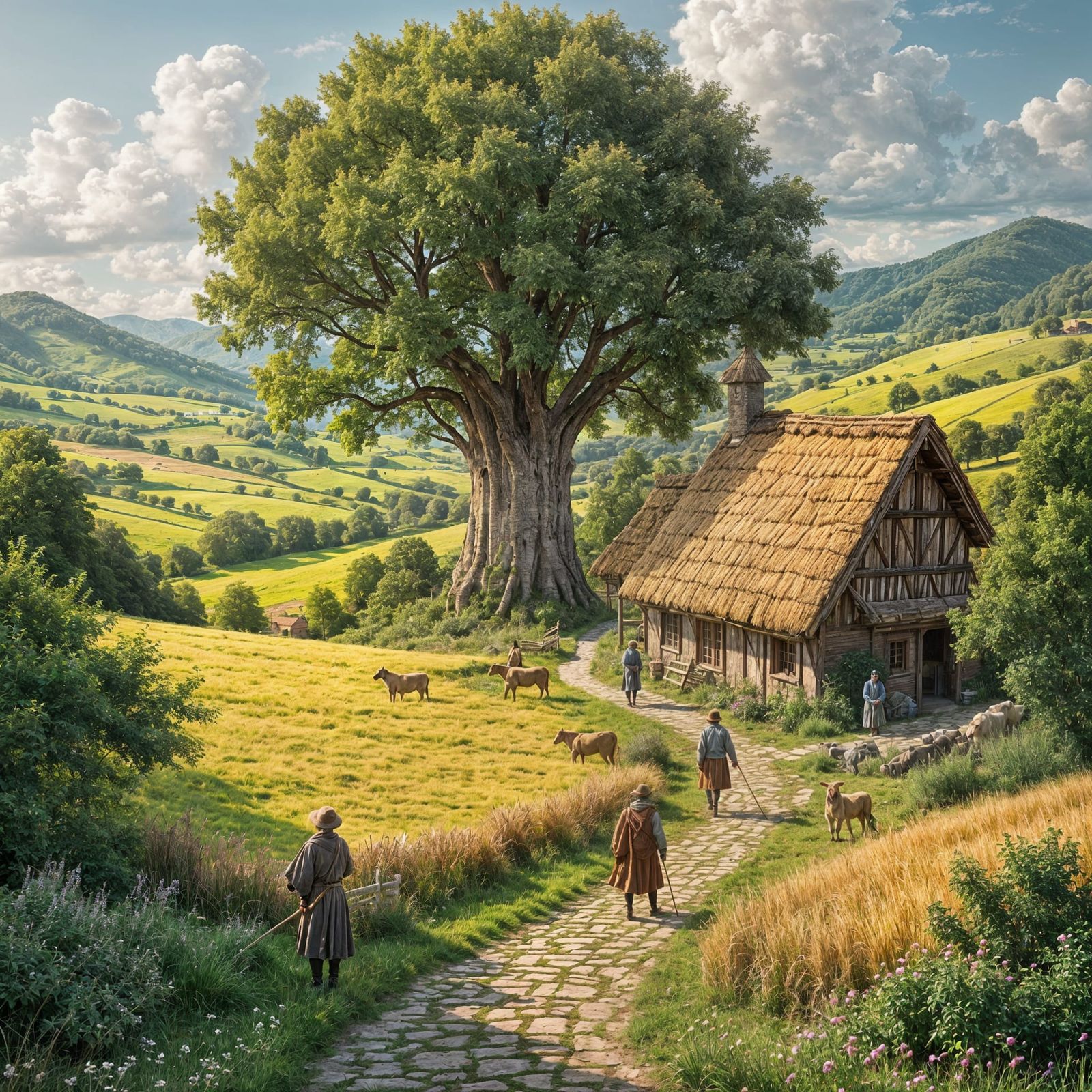 Peaceful Medieval Farm Village with Grazing Cows