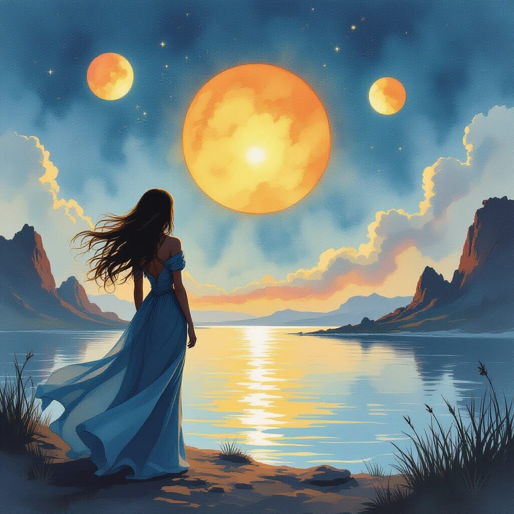 Alien Woman Watches Triple Sunset in Watercolor Style