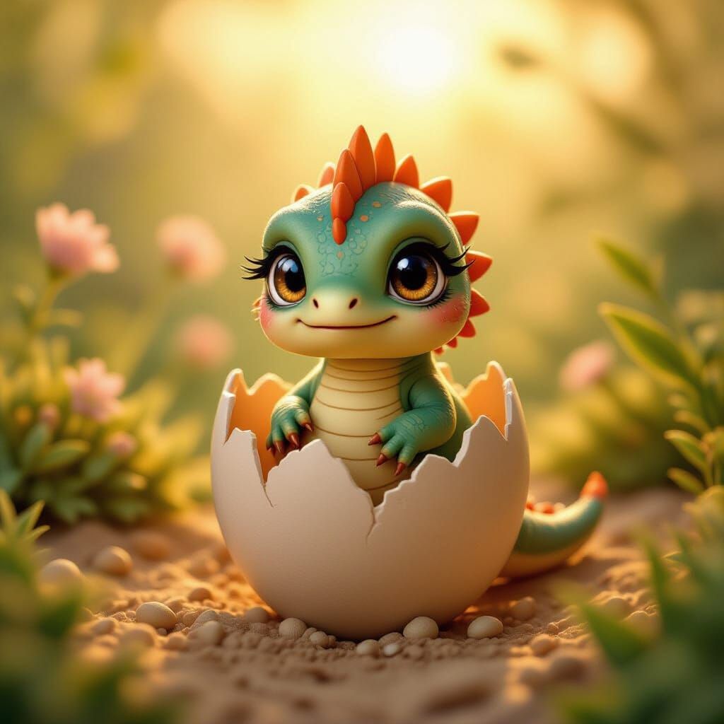 Baby Dinosaur Emerging From Egg in Terrarium
