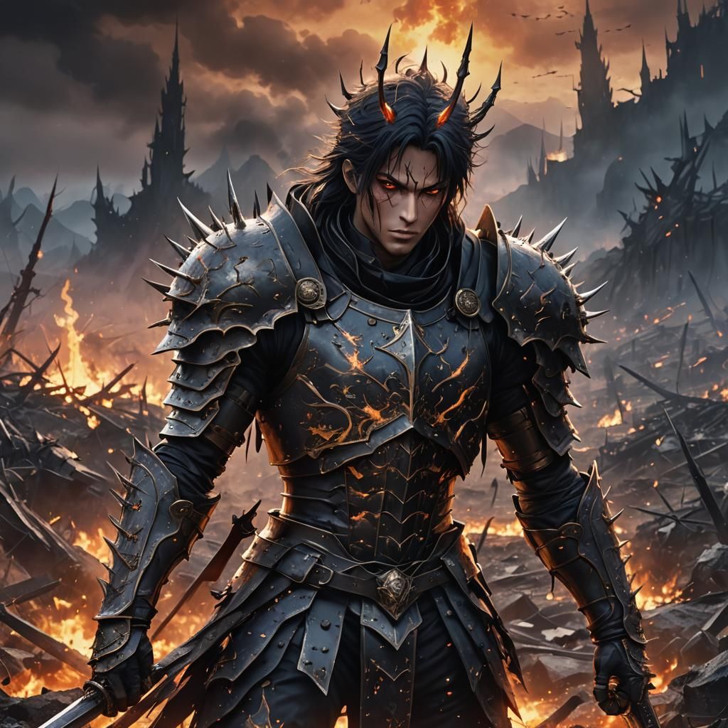 Dark Fantasy Prince Impaled in War-Torn Landscape