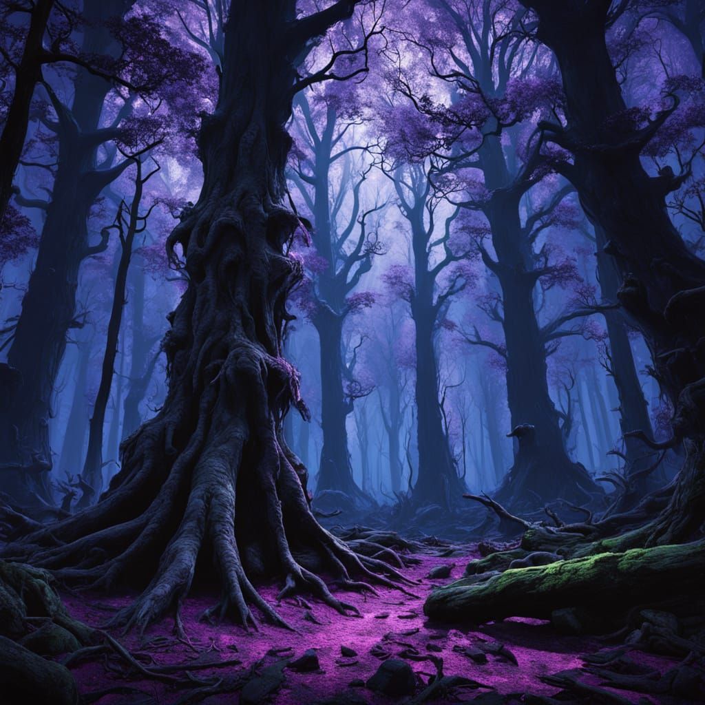 Ethereal Purple Glow Illuminates Dark Fantasy Forest