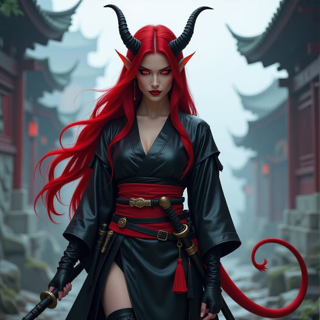 Tiefling Alchemist in Arcane Ruins, Dark Fantasy Art