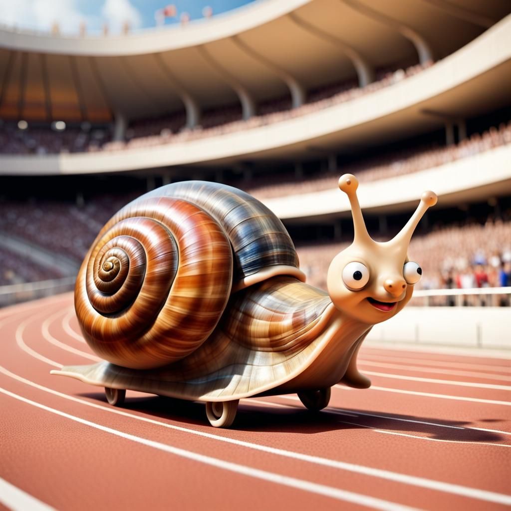 Anthropomorphic Snails Race in Botero Cartoon Style