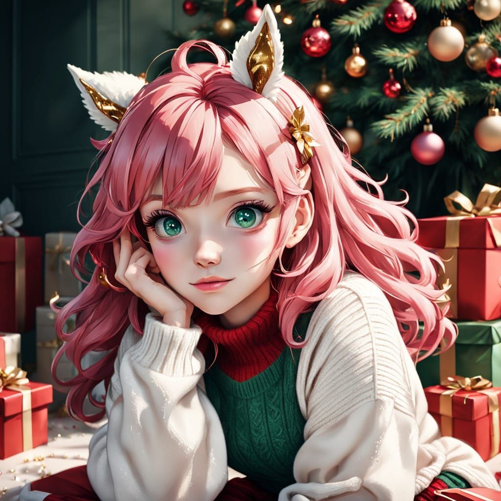 Rosy Cheeked Girl Under Christmas Tree in Anime Style