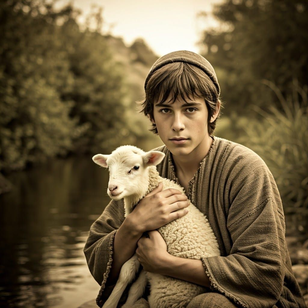 Handsome Hebrew Shepherd Cradles Lamb by Ancient Stream