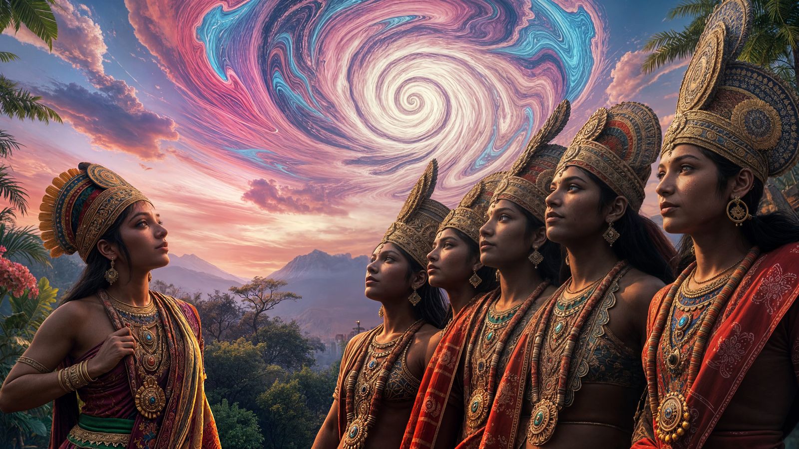 A group of Indian gods are looking up in to the sky at dusk