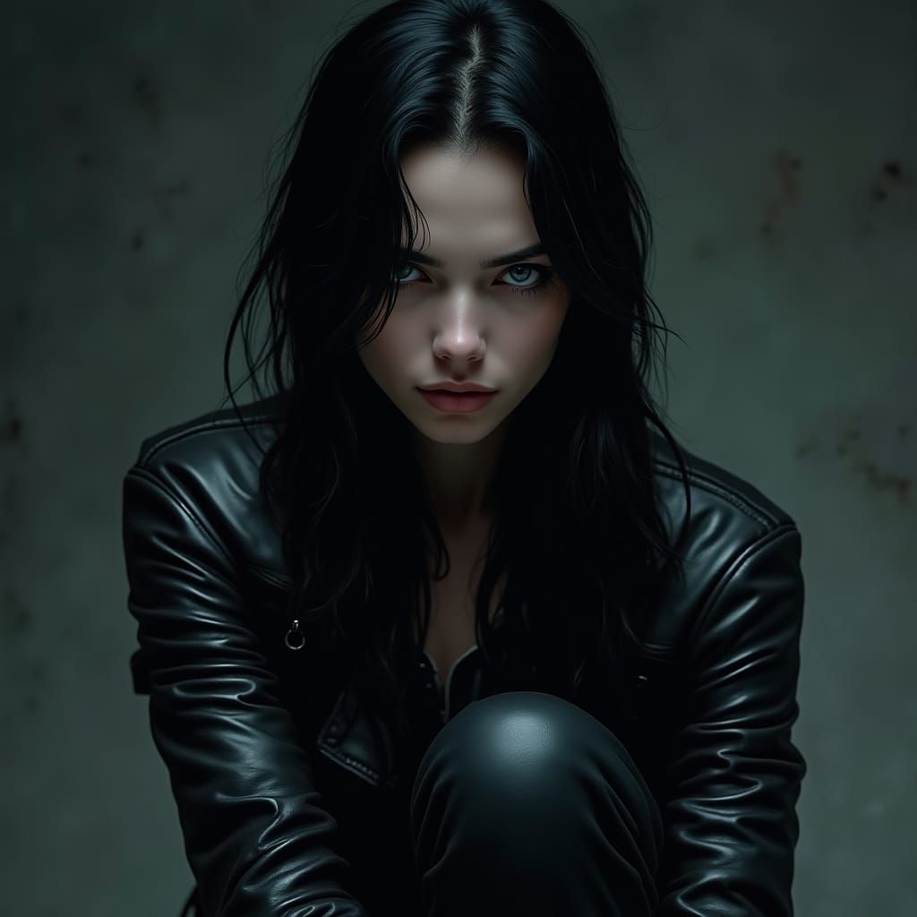 Hyperrealistic Portrait of Selene in Dark Leather Armor