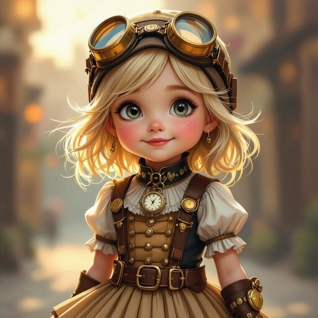 Adorable Girl in Whimsical Steampunk Attire with Golden Hour...