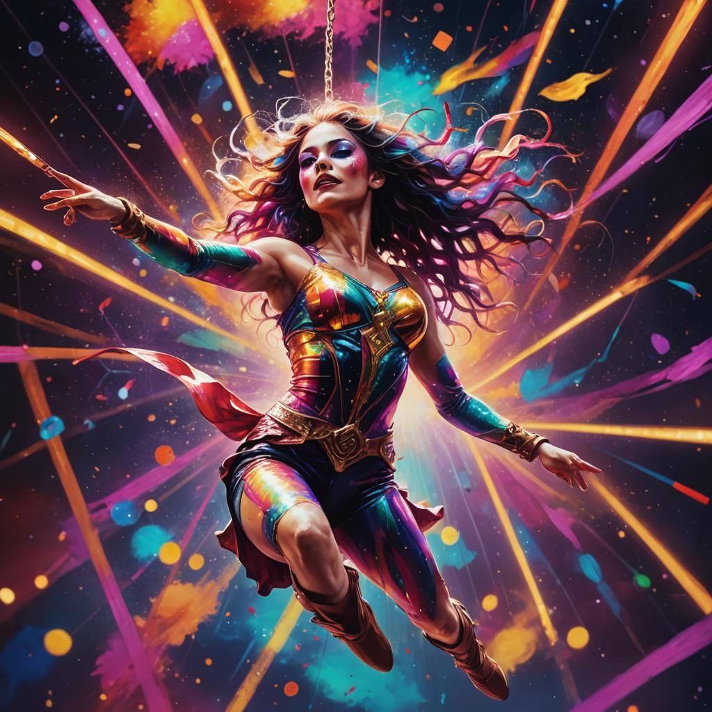 Cosmic Circus: Acrobat in Space, Hyperrealistic Splash Art